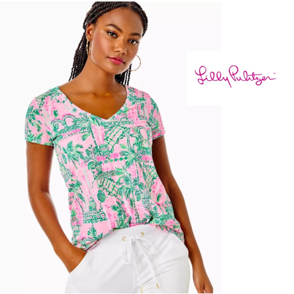 NEW Lilly Pulitzer Etta Pink and Green Tropical Print V-Neck Top